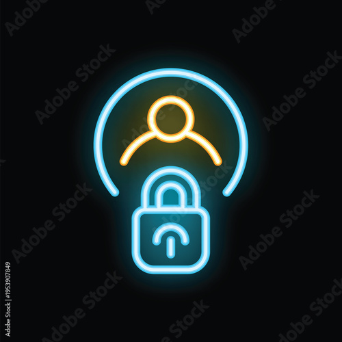 Glowing neon icon representing the concept of user privacy, featuring a person protected by a lock with a wireless symbol