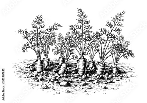 Hand-drawn illustration of fresh carrots growing in rocky soil, detailed line art style