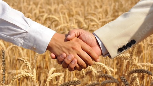 Business handshake in wheat field for agriculture partnership and agribusiness investment concept
