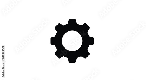 A simple black silhouette of a gear with a central circular opening is displayed