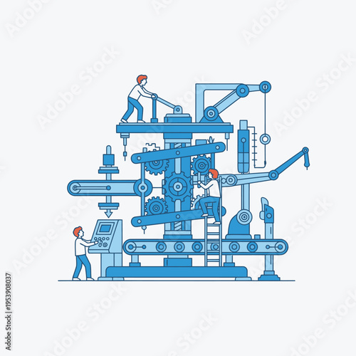 Automated Industrial Production Line with Robotic Arms and Workers.