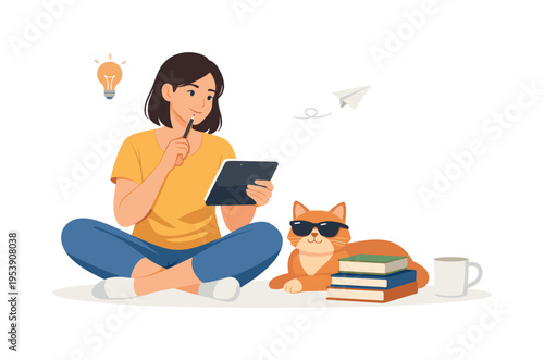 A lifestyle productivity scene where an individual balances personal interests and continuous education during a slow afternoon break at home, visual metaphor of a relaxed cat in