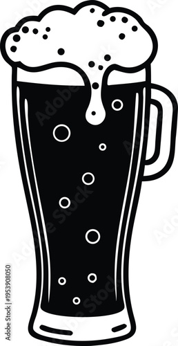 A black and white illustration of a full beer mug with foam