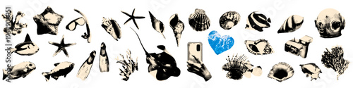 Coastal marine collage elements set. Halftone seashells, fish and snorkel gear. Vintage dotted stickers collection. Modern retro vector illustration for mixed media design isolated on transparent bg