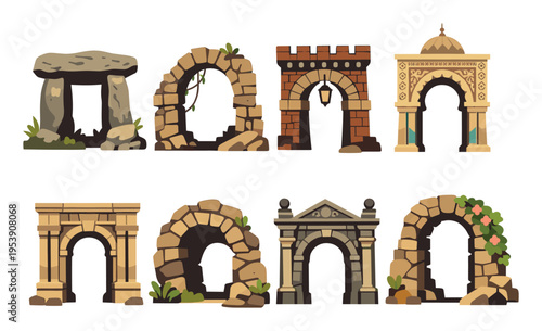 Collection of ancient stone arches, medieval brick portals, and decorative gateways for game design and fairytale settings