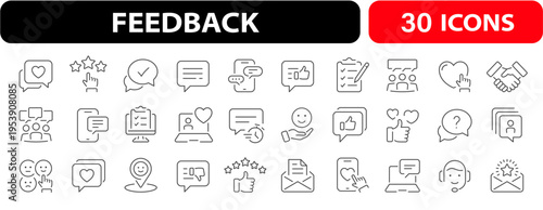 Feedback, review, user testimonial, customer support line icons set. Editable stroke. For website design, logo, template, ui. Vector illustration