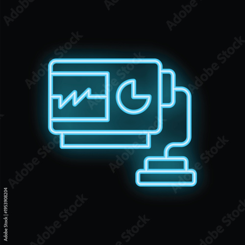 Blue neon icon of medical device measuring vital signs with sensors on black background