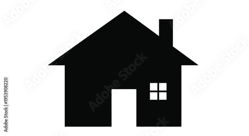 A simple black silhouette depicts a classic house shape with a chimney and window