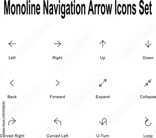 Monoline navigation arrow icons set for directional guidance