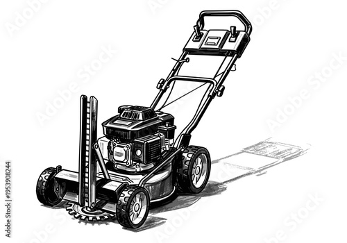 Black and white illustration of a push lawn mower with a shadow on a white background
