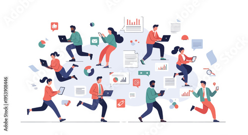 Busy business people running with laptops and documents symbolizing multitasking and productivity.