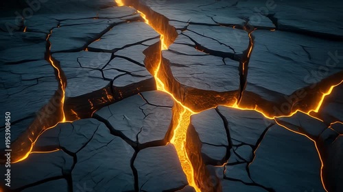 Molten lava flows through cracked dry earth landscape at night