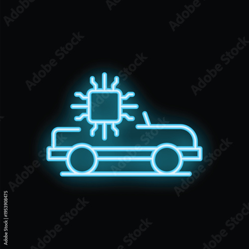 Blue neon icon of an autonomous self driving vehicle with an ai chip on a black background