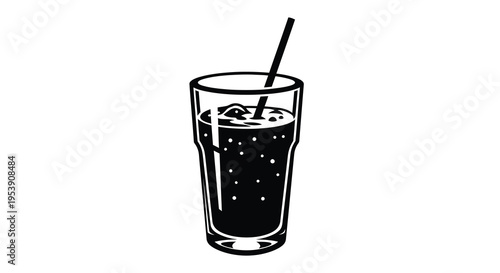 A black and white illustration depicts a glass filled with a bubbly beverage and a straw