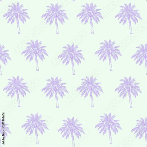 Seamless pastel palm tree pattern with soft purple tropical style, repeating botanical design ideal for summer backgrounds, fabric prints and decorative surfaces.