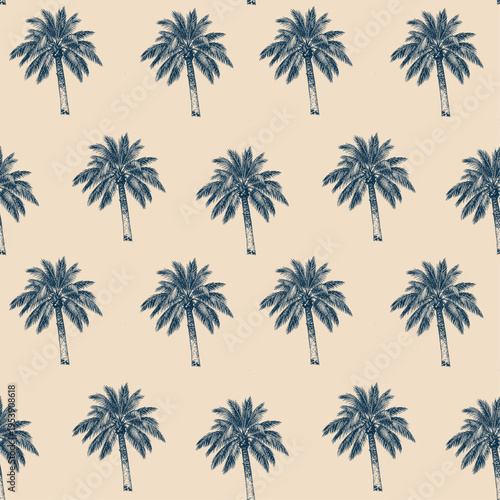 Seamless vintage palm tree pattern with classic tropical style on beige background, repeating botanical design ideal for retro decor, fabric prints and summer themed surfaces.