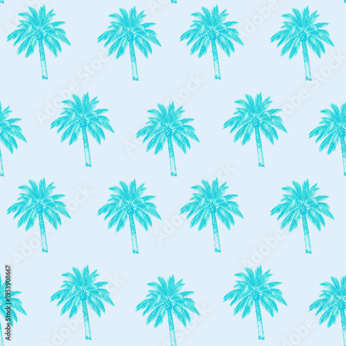 Seamless palm tree pattern with fresh blue tropical style, repeating botanical design ideal for summer backgrounds, textile prints and decorative surfaces.