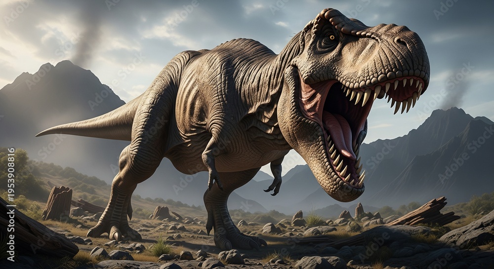 Fototapeta premium Majestic Tyrannosaurus Rex Dinosaur Roaring in a Prehistoric Mountain Landscape, Photorealistic Stock Image for Educational and Entertainment Use