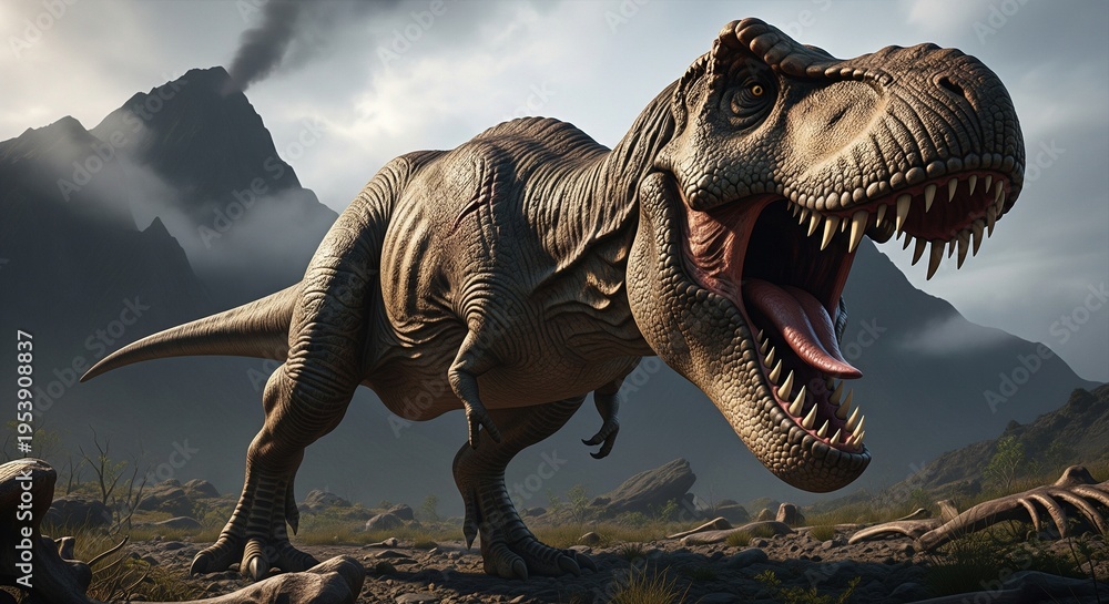 Fototapeta premium Majestic Tyrannosaurus Rex Dinosaur Roaring in Prehistoric Landscape, Dramatic Volcanic Background, Realistic Stock Image for Jurassic Era Exploration and Paleontology Themes