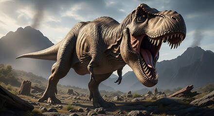 Majestic Tyrannosaurus Rex Dinosaur Roaring in a Prehistoric Mountain Landscape, Photorealistic Stock Image for Educational and Entertainment Use