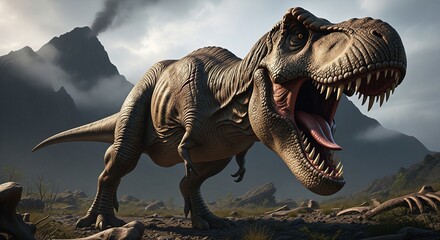 Majestic Tyrannosaurus Rex Dinosaur Roaring in Prehistoric Landscape, Dramatic Volcanic Background, Realistic Stock Image for Jurassic Era Exploration and Paleontology Themes