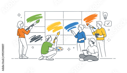 Minimal abstract poster collection and visual branding concept illustrating professionals creating a cohesive set of brush-based artworks for contemporary communication, using