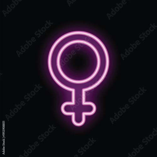 Bright pink neon female gender symbol glowing on black background