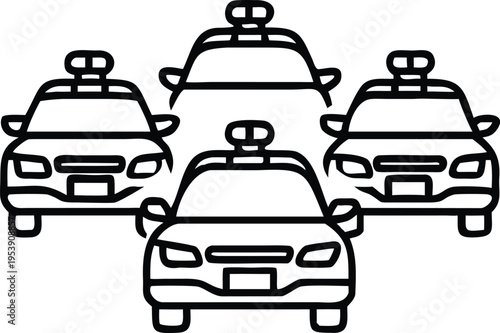 Line art illustration depicting five classic taxi cabs in formation