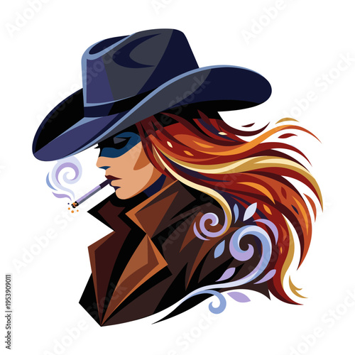 Masked cowgirl Zorro heroine profile smoking cigarette flowing red hair western portrait
