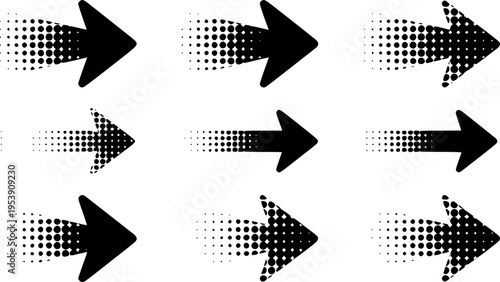 Black Arrows with Halftone Dot Effect Pointing Right White Background direction symbol