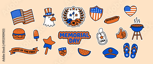 Memorial Day Symbols: A patriotic arrangement of illustrated symbols and icons representing the spirit of Memorial Day, showcasing a mix of Americana and celebratory elements.