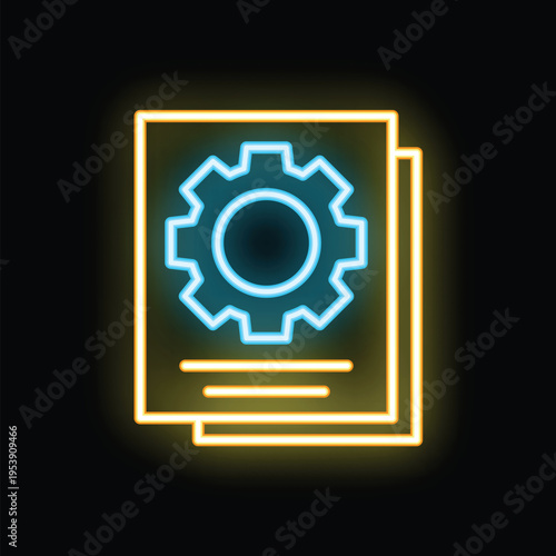 Glowing neon icon representing documents related to software development or automation, featuring a prominent gear symbol