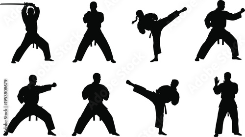 Karate Martial Arts Silhouettes Collection Featuring Fighters in Dynamic Combat Poses, High Kicks, Punches and Training Stances Isolated on White Background