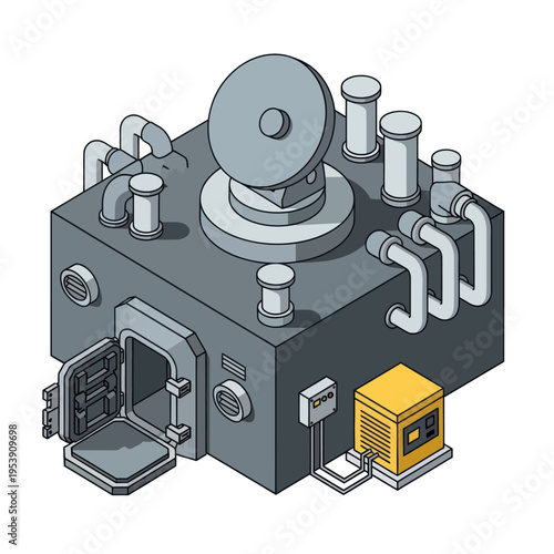 Isometric Industrial Machine with Pipes and Control Panel Illustration.