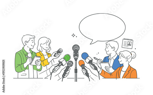 A media communication moment where a small group of reporters gathers around a spokesperson to ask questions and report important information during a public announcement, visual