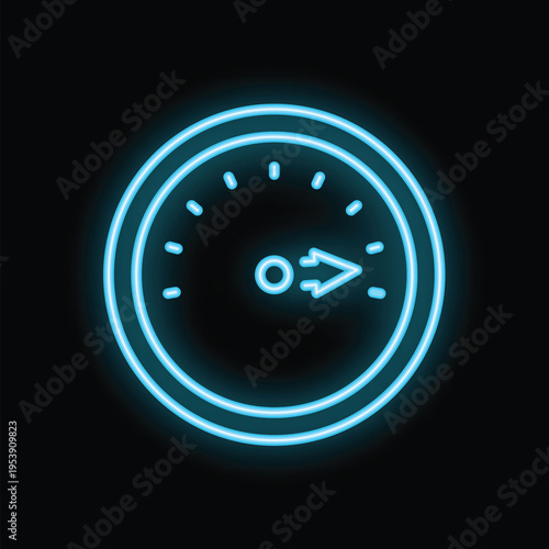 Neon blue isolated icon of a speedometer showing the maximum speed achieved, on a black background