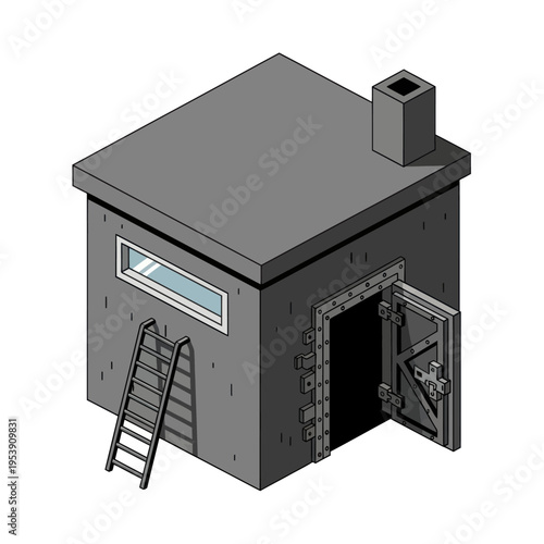 Isometric Illustration of a Concrete Bunker with Ladder and Open Door.