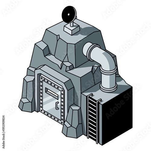 Isometric Underground Bunker Entrance with Metal Door and Ventilation.