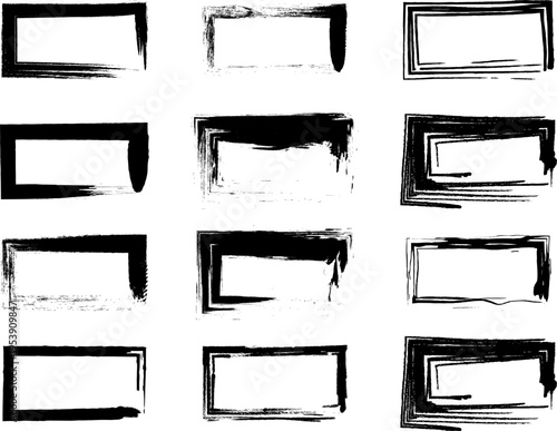 Set of decorative handmade rectangular frames with textured black brush strokes for designing graphic design and photos. Eps 10
