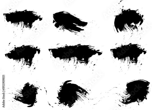 Set of artistic black ink stains and thick brush strokes with paint splashes for creative graphic design. Eps 10