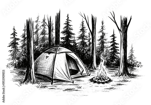 Hand-drawn illustration of a tent and campfire in a dense forest setting