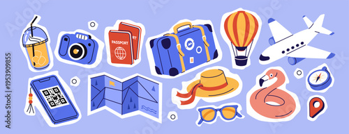 Suitcase, airplane, passports, other travel accessories and summer vacation cutout collage elements. Tourism holiday design.