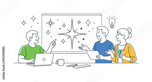 A group designing a sparkle star shapes pack focused on clean lines and scalable elements for digital and print use, visualized through a simple arrangement of star bursts, small