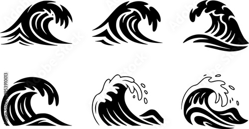 Collection of Stylized Black Wave White Background ocean water