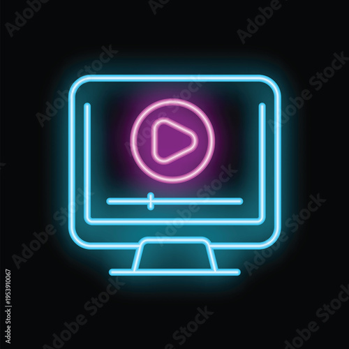 Neon icon of a video player interface displaying on a computer monitor, representing online video streaming and digital content consumption