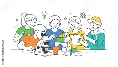 STEAM education hands-on experimentation moment where learners cooperate while testing a simple science and design concept, a microscope and geometric building blocks forming the
