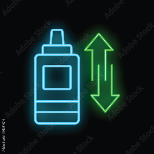Glowing neon icon of a cosmetic product with increasing and decreasing arrows, suggesting price fluctuation