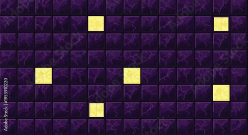 Pixel Art Game End Stone Seamless Texture Background — Minecraft Style Purple Obsidian Block Pattern with Gold Ore Vector