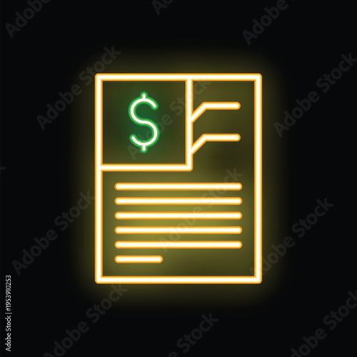 Neon sign illustrating a financial document with a dollar sign, glowing on a black brick wall