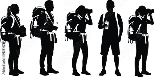 Black silhouette collection of travelers and hikers with backpacks, cameras, and binoculars for adventure, tourism,